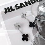 TimiCLOVER 2 MOTIFS  DIAMOND ONYX EARRINGS SILVER