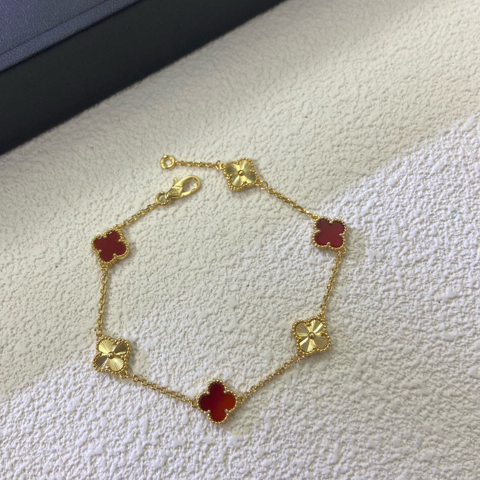 [¡®Timi¡¯]CLOVER 6 MOTIF RED AGATE LASER BRACELET