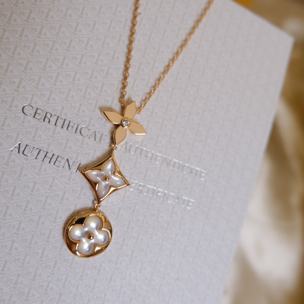 TimiCOLOR BLOSSOM LARIAT NECKLACE PINK GOLD WHITE MOTHER PEARL AND DIAMOND